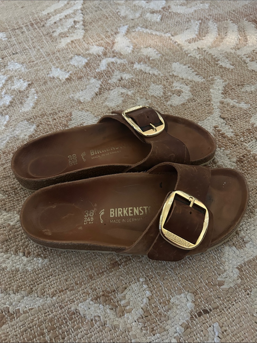 Birkenstock Women's Single Strap Suede Slide Sandals in Brown with Gold Buckles